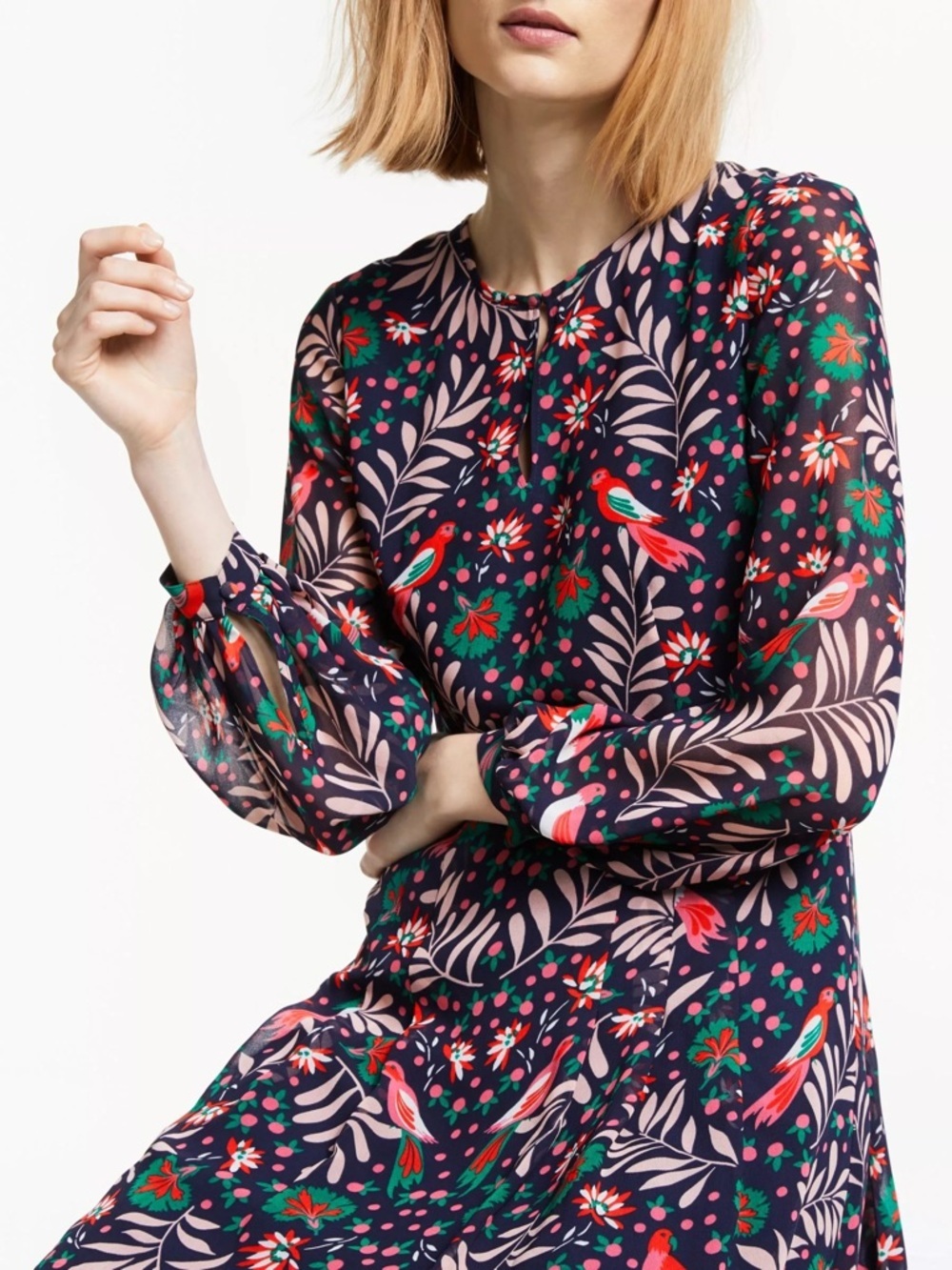 Boden flowy airy floral parrot navy Ada midi dress pouf sleeves 6P tropical prep
